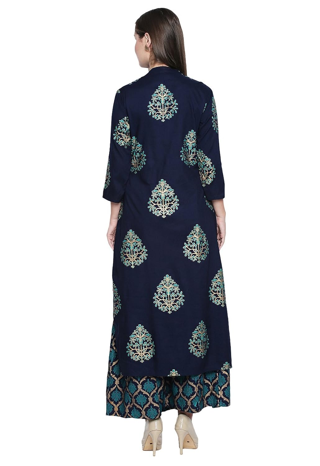 ishin viscose rayon navy blue printed a-line women's kurta & palazzos set
