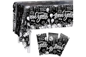 AIBIIN 3 Pack 2026 Happy New Year Decorations Disposable Plastic Tablecloths New Year Party Supplies Themed Black Silver Disco Disposable Party Decorations Table Cover 54 x 108 Inch