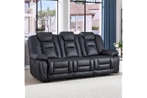 EBELLO Faux Leather Manual Reclining Sofa, 3 Seat Recliner Sofa Chair with Overstuffed Armrest and Backrest, Couch Furniture for Home Theater Living Room, Meeting Room, Black (3 Seat Sofa)