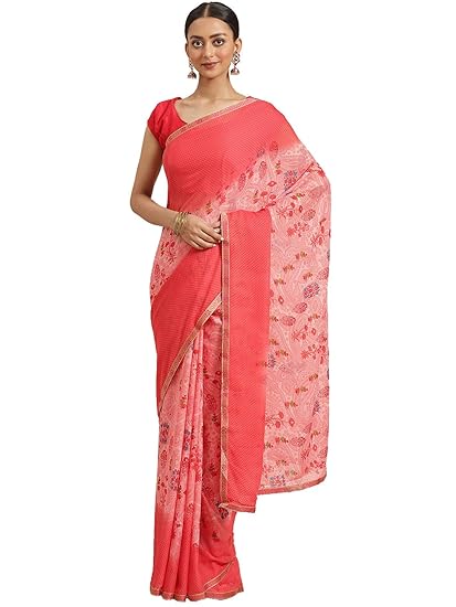 SHAILY Womens Georgette Ethnic Motif with Lace Border Saree