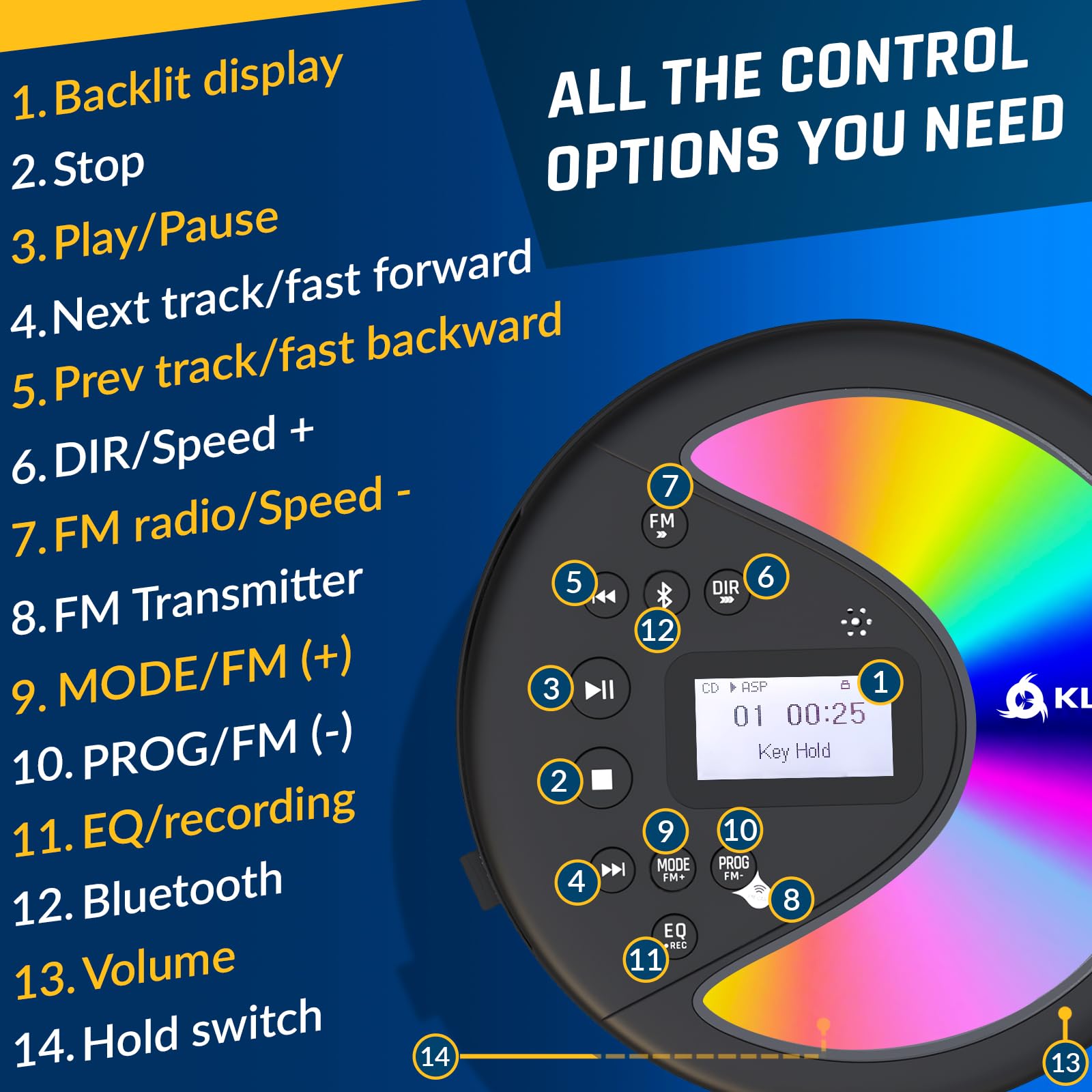 KLIM Discover with Headphones - Portable CD Player Walkman with Long-Lasting Battery - New - Radio FM - Compatible MP3 CD Player Portable - SD Card, FM Transmitter, Bluetooth - Ideal for Cars