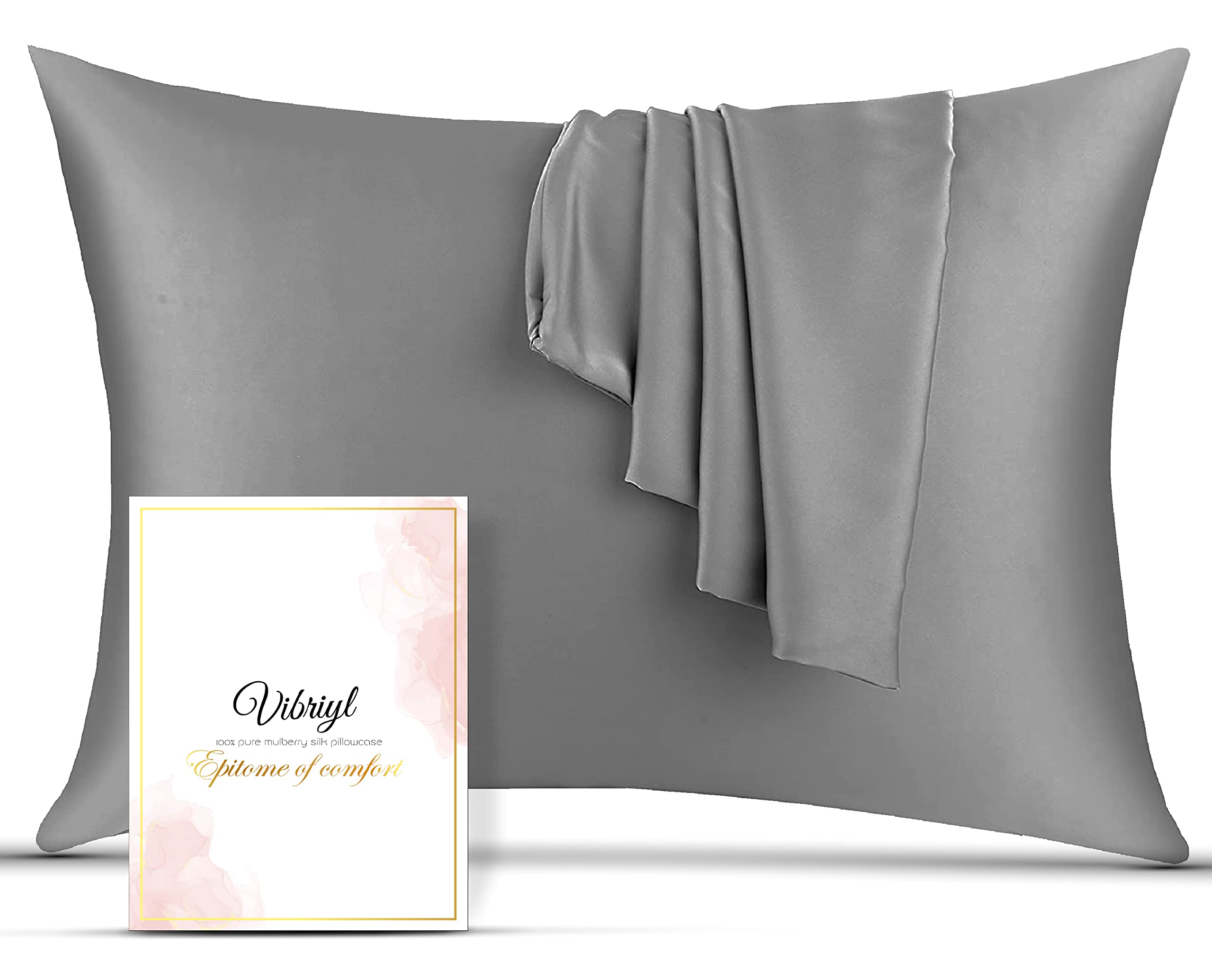 VIBRIYL 19 Momme Silk Pillowcase – Premium Quality 100% Mulberry Silk Pillowcase Hair and Skin with Hidden Zipper - UK Standard Size 75cm X 50cm (Grey)