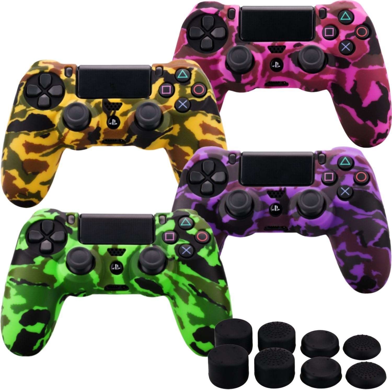 MXRC Silicone Rubber Cover Skin case Anti-Slip Water Transfer Customize Camouflage for PS4/SLIM/PRO Controller x 2 (Punk Pack) + FPS PRO Extra Height Thumb Grips x 8