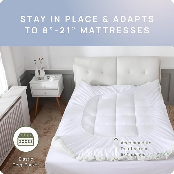 COOLING MATTRESS TOPPER – QUEEN SIZE | PLUSH PAD MATTRESS TOPPER FOR BACK PAIN RELIEF, 8-21″ DEEP POCKET | VISCOSE MADE FROM BAMBOO PILLOW TOP | BEDROOM ESSENTIALS