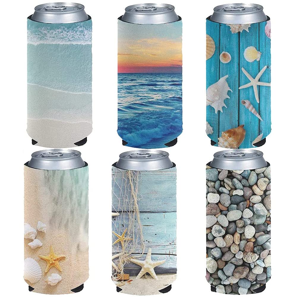 Jeiento Blank Beer Can Coolers 6PACK, Beach Starfish Collapsible Soda Cover Coolies, DIY Personalized Sublimation Sleeves for Weddings, Bachelorette Parties