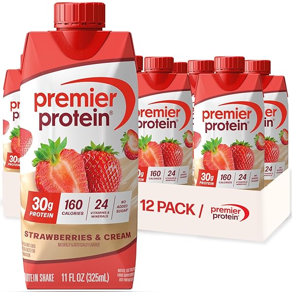 PREMIER PROTEIN SHAKE, STRAWBERRIES & CREAM, 30G PROTEIN, NO ADDED SUGAR, 24 VITAMINS & MINERALS TO SUPPORT IMMUNE HEALTH, 11 FL OZ, 12 PACK