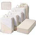 DIMJ Compression Packing Cubes for Travel - Packing Cubes 7 Sets Lightweight Compression Bags for Travel Cubes Mesh Packing Cubes With Shoes Bag/Laundry Bag/Underwear Bag (Beige)