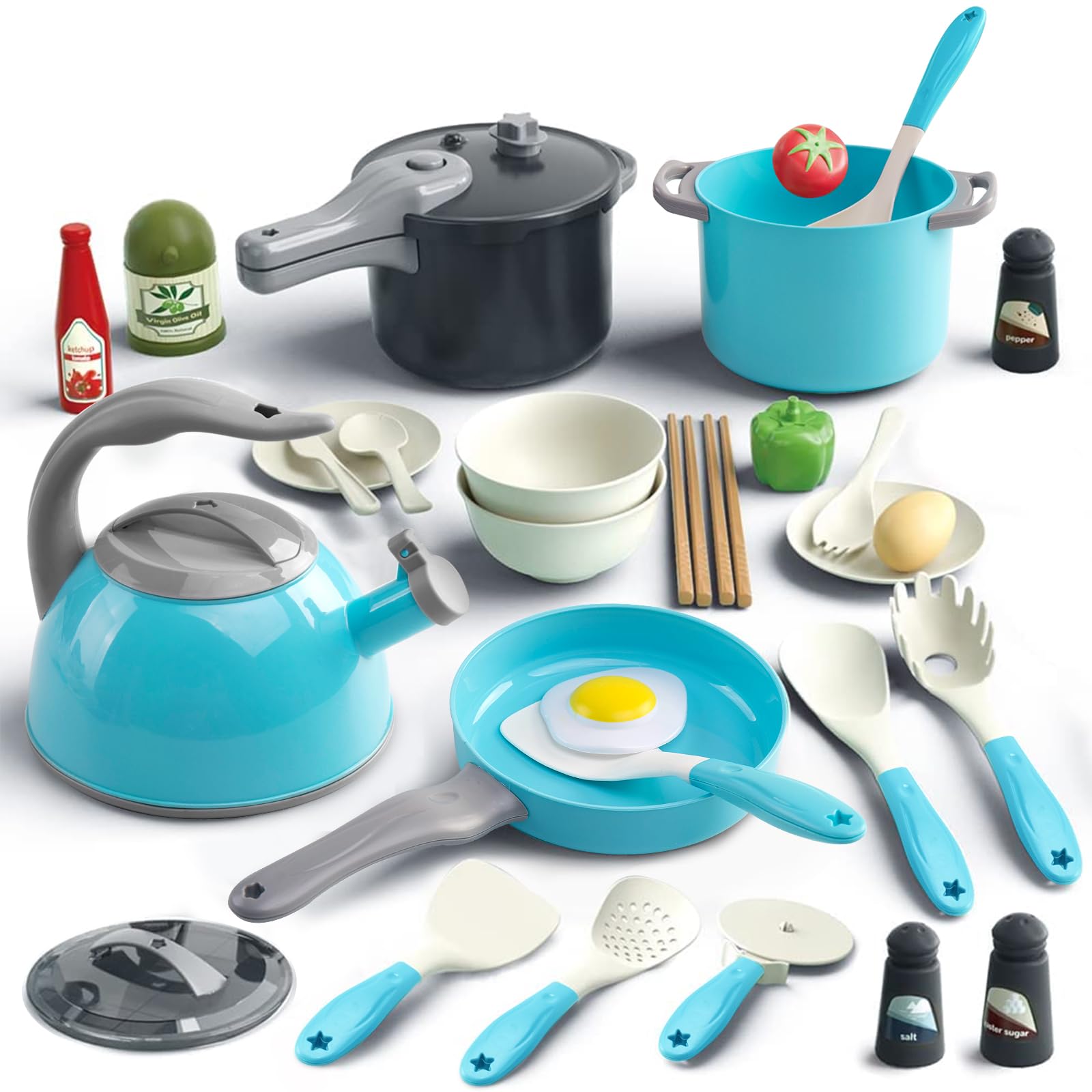 Photo 1 of Bruvoalon 32Pcs Kids Play Kitchen Toys Set, Toddlers Pretend Cooking Playset Acccessories with Pots Pans, Utensils Cookware, Foods, Canned Veges, Learning Gift for Kids Girls Boys (Turquoise)