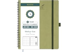 BEZEND 2 Year Monthly Planner 2025-2026 Medium Size 7" x 9" (Jan 2025 - Dec 2026) Spiral Calendar Book with Tabs, 120 GSM Thick Paper, Storage Pockets & Notes, PU Leather Softcover in Kiwi