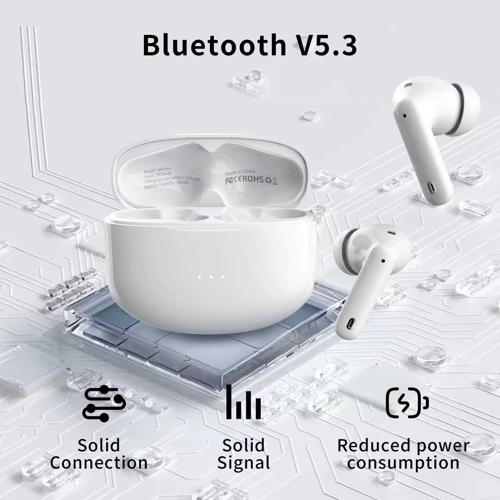 A40 Pro Wireless Earbuds, 50Hrs Playtime Bluetooth Earbuds Built in Noise Cancellation Mic with Charging Case, Bluetooth Headphones with Stereo Sound, IPX7 Waterproof Ear Buds for Phone