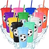 Domensi 12 Pcs Sport Soccer Plastic Cups with Lid and Straw 24 oz Reusable Plastic Cups Coffee Tumblers Gift for Fan Friend Guest Birthday Office Sport Party Supplies (Multicolor)