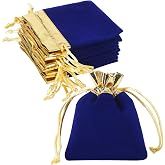 HRX Package 20pcs 3x4 in Small Velvet Jewelry Gift Bags (Blue Gold) | Easy-Close Drawstrings, Reusable Velveteen Fabric, Helps Protect Jewelry from Scratches, Holds HTV, for Favors and Small Gift