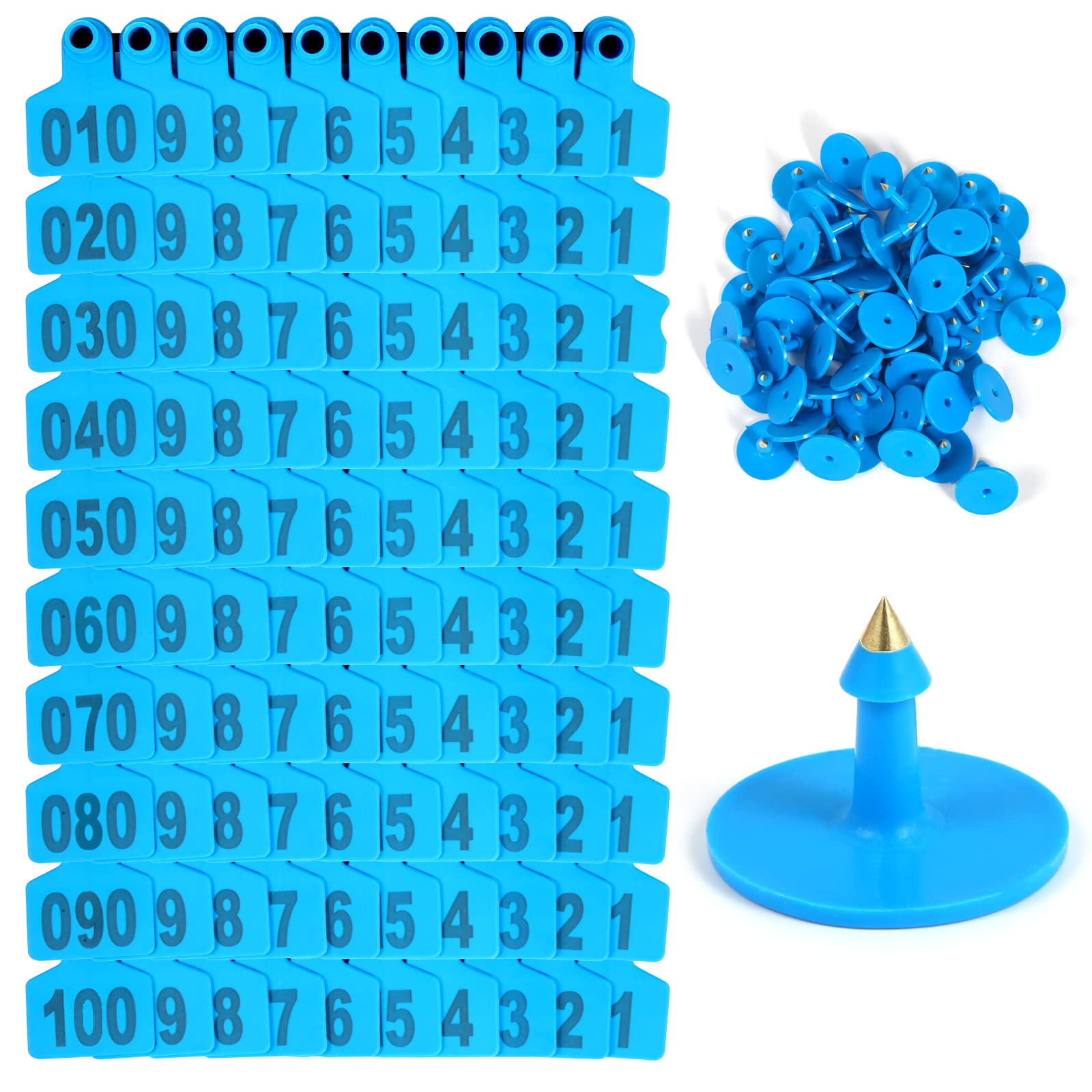 Photo 1 of 100PCS 001-100 Number Plastic Livestock Ear Tags - Farm Animal ID Tags in Yellow, Green, Blue, Orange - Cattle, Sheep, Goats, Pigs Hogs Mark Label (Blue)