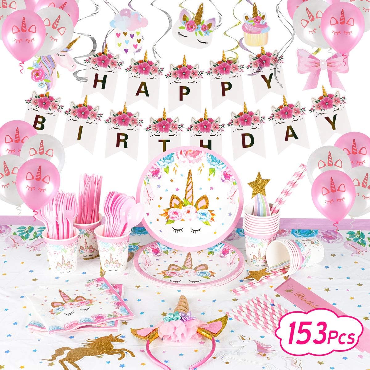 153 PCs Unicorn Party Supplies Set Themed Birthday Party Decorations Disposable Plates Cups Napkins Banner Balloons Headband Tablecloth Magic Unicorn Party Decor Pink for 16 Guests Girls Boys Kids