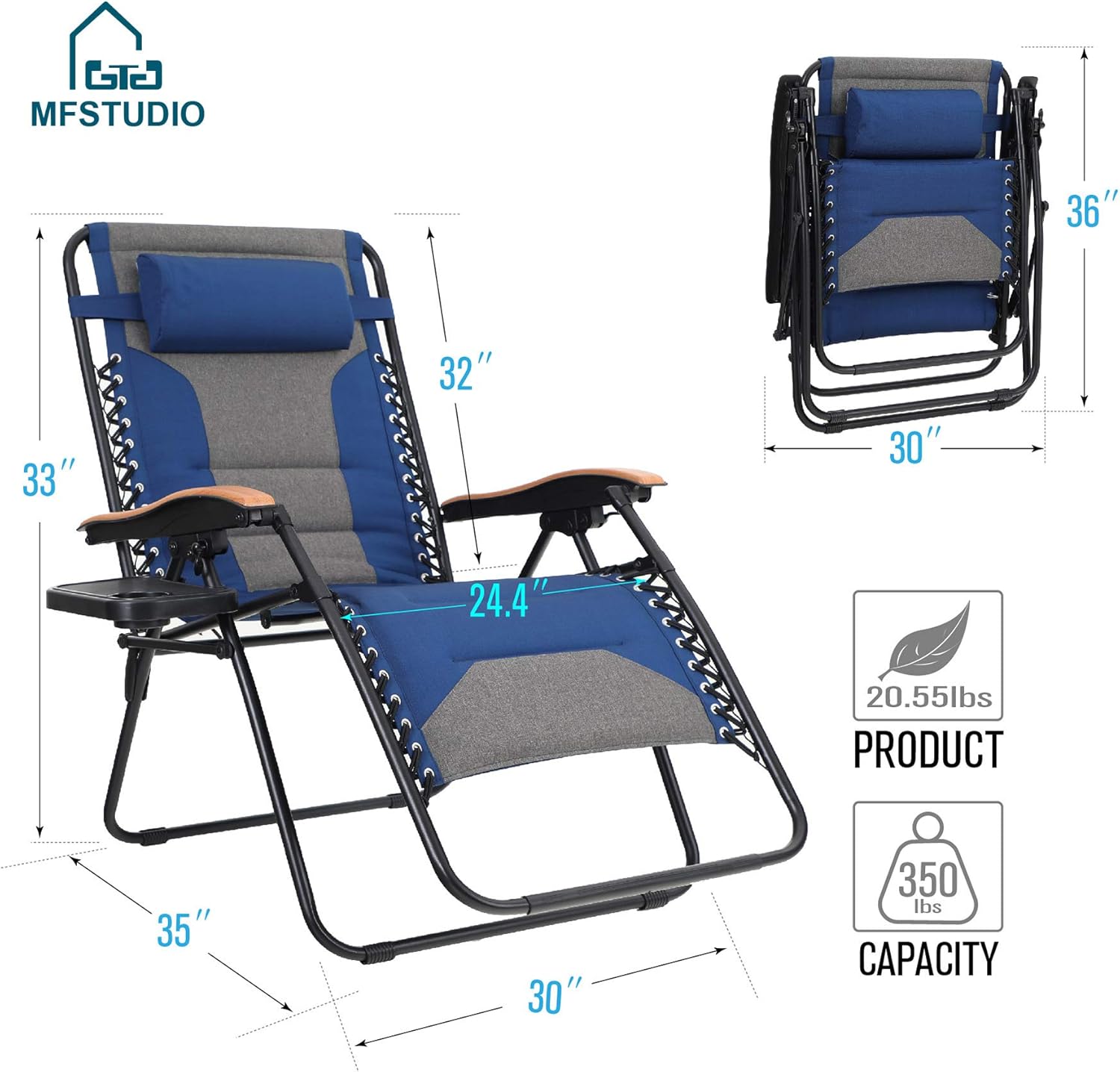 MFSTUDIO Oversized Zero Gravity Chair XL Patio Recliners Padded Folding Chair with Cup Holder, Extra Wide Chaise Lounge for Outdoor Yard Poolside, Navy Blue: Kitchen & Dining