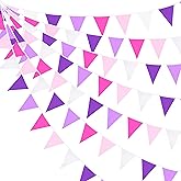 10M/32Ft Rose Pink Purple White Pennant Banner Fabric Triangle Flag Bunting Garland for Baby Shower Birthday Wedding Anniversary Party Home Nursery Outdoor Garden Hanging Festivals Decorations