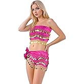 Baisdan Belly Dance Hip Scarf 2 Piece, Belly Dance Skirt and Top Set, Dancing Coin Skirts for Women, Halloween Costume, 2Pack