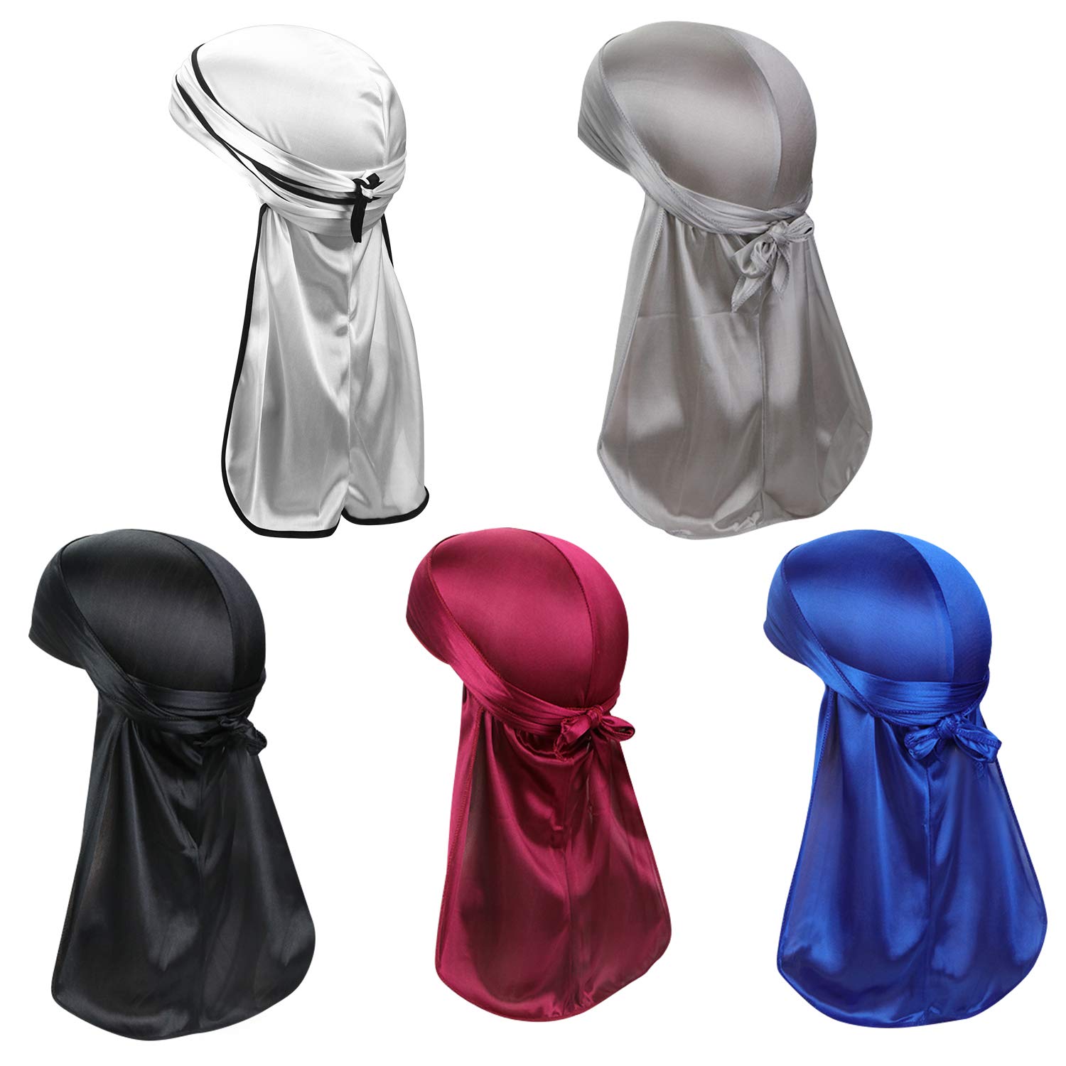 FEPITO 5 Pcs Soft Long Tail Durag Cap Silky Headwrap Wide Straps Pirate Durag Cap Bandana Turban Hat for Hip Hop and Daily Decoration
