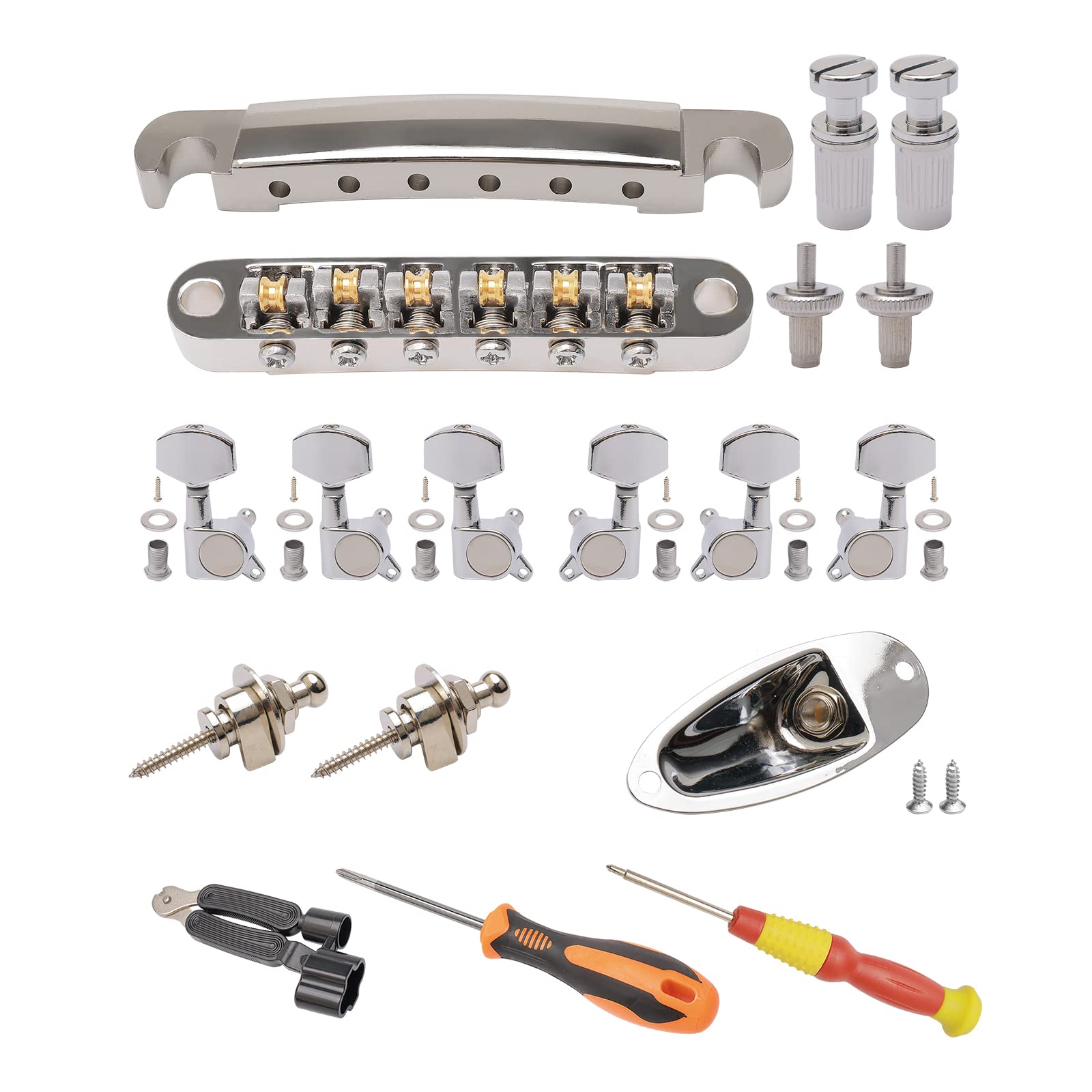 Unxuey Tune-o-matic Bridge and Tailpiece, Electric Guitar Roller Saddle Bridge and Guitar Accessories Include 3L3R Tuning Pegs+Guitar Strap Locks+Boat Input Jack Socket+Installation Tool