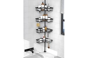 KEGII Corner Shower Caddy Tension Pole, Rustproof Bathroom Organizer with Hooks & Soap Holder, Adjustable from 25 to 114.2 in