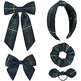 DEEKA 5 Styles Uniform Long Tail Hair Bows Knotted Headband Scrunchies Bow Set Alligator Clips Back to School Accessories for Toddler Little School Girls (Dark Green, Navy, Red&Yellow 5 Styles)