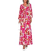 PRETTYGARDEN Women's Tie Waist Floral Maxi Dress | Fall Wedding Guest Dresses, Long Puff Sleeve, V Neck, With Belt, Watercolor Print, Elegant Long Flowy, Holiday Party Outfits