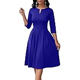 Nmoder Midi Dresses for Women - Semi Formal Fit and Flare 3/4 Sleeve V Neck A-Line Cocktail Church Work Dress with Pockets