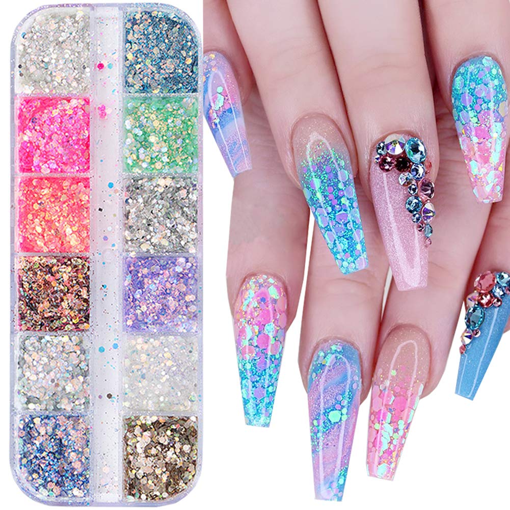 Holographic Nail Glitter Sequins Nail Art Accessories Mixed Colorful 3D Nail Glitter Flakes for Nails Decoration Shiny Nail Sparkle Glitter Designs Mermaid Manicure Tips Charms (12 Colors): Beauty