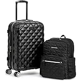 Kenneth Cole REACTION Diamond Tower Collection Lightweight Hardside Expandable 8-Wheel Spinner Travel Luggage, Black, 2-Piece Bundle (Carry On + Backpack)