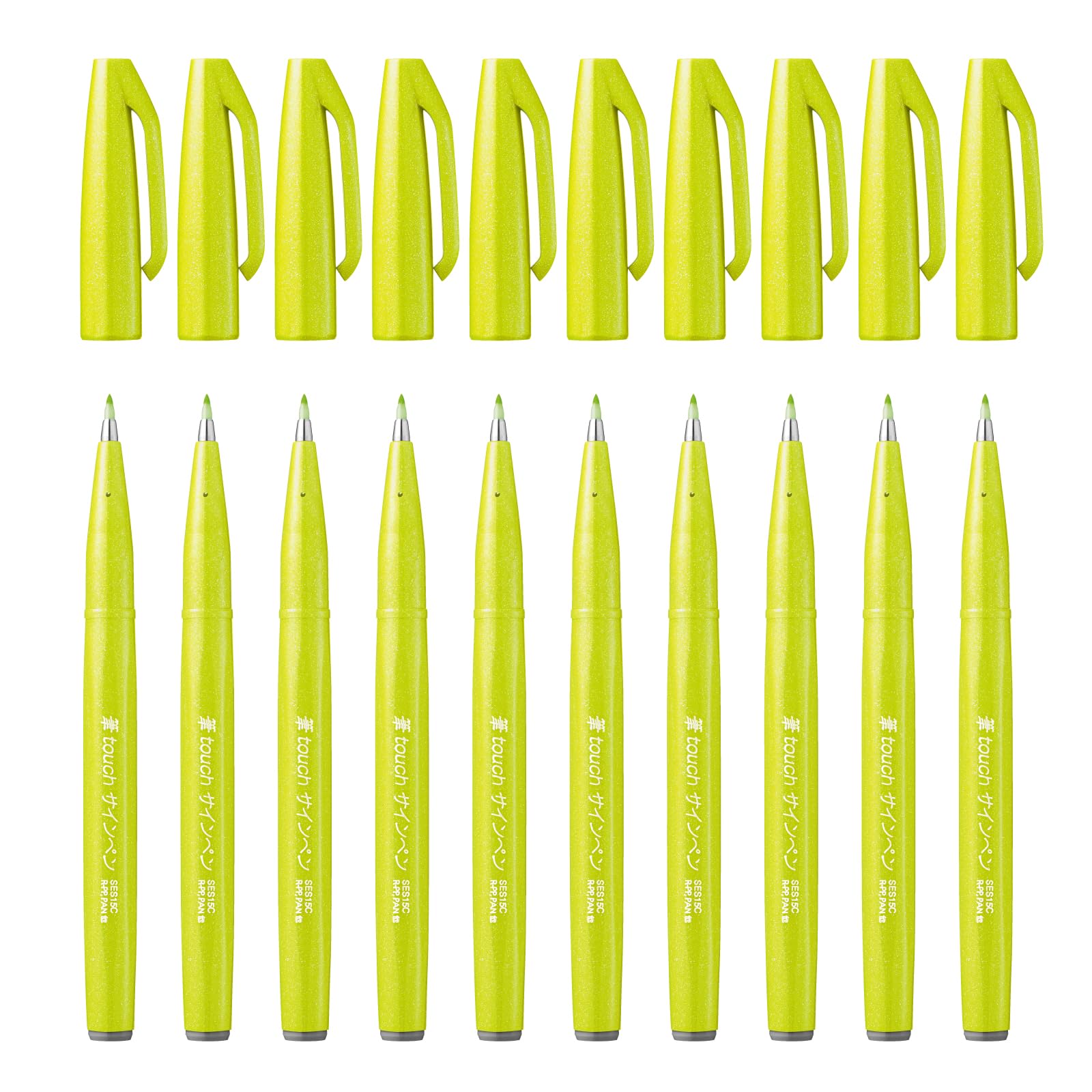 Pentel SES15C-K2X Brush Sign Pen Lime Green Fibre Tip Brush Like Tip (Pack of 10)