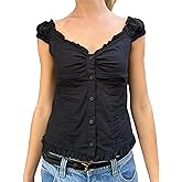 Women Button Down Lace Top V Neck Ruffle Sexy Low Cut Cap Sleeved Babydoll Cute Shirt Slim Fit Coquette Blouse