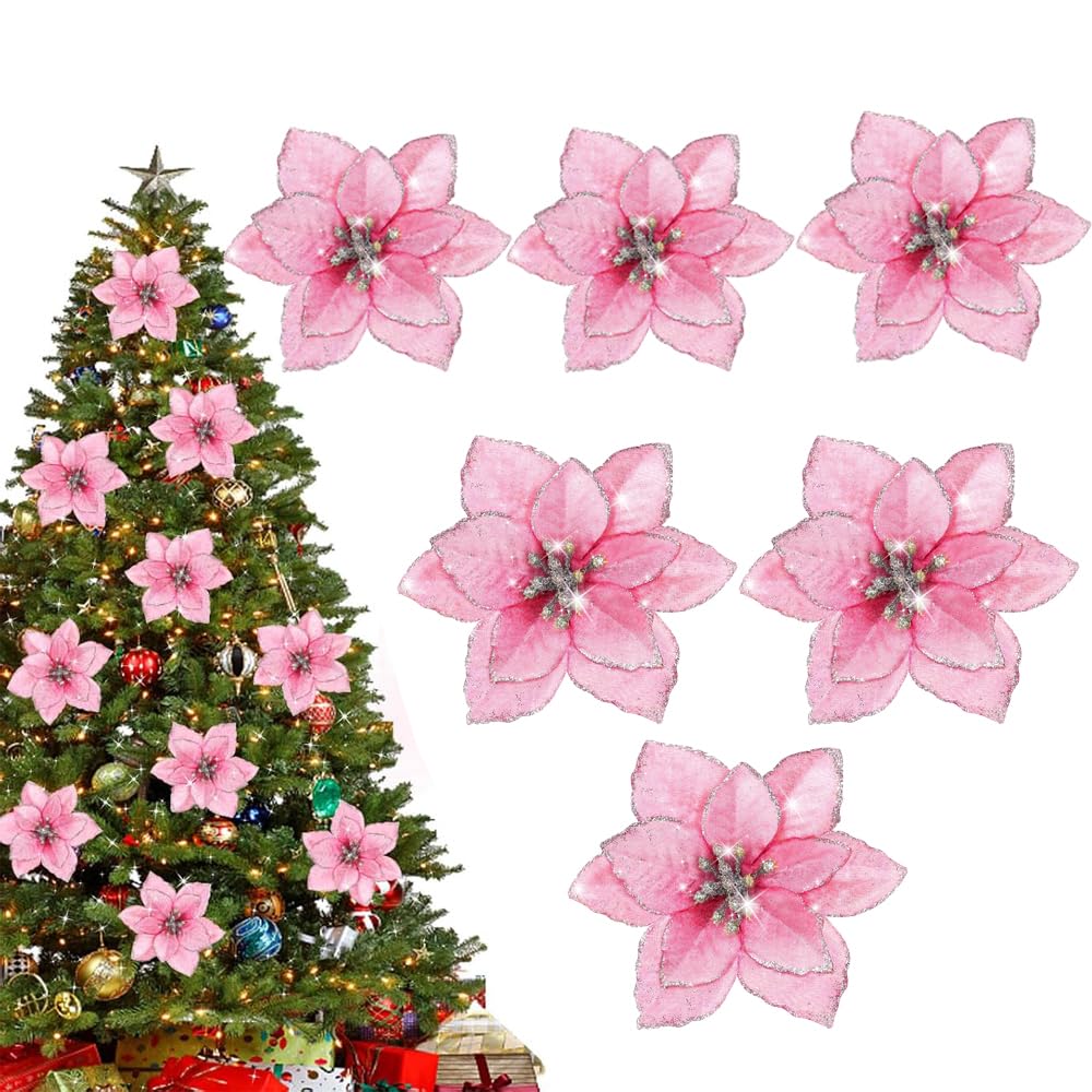 Healifty 24pcs Christmas Glitter Poinsettia Flowers Artificial Wreath Flowers Artificial Xmas Flowers for Xmas Tree Ornaments Decor (Pink)