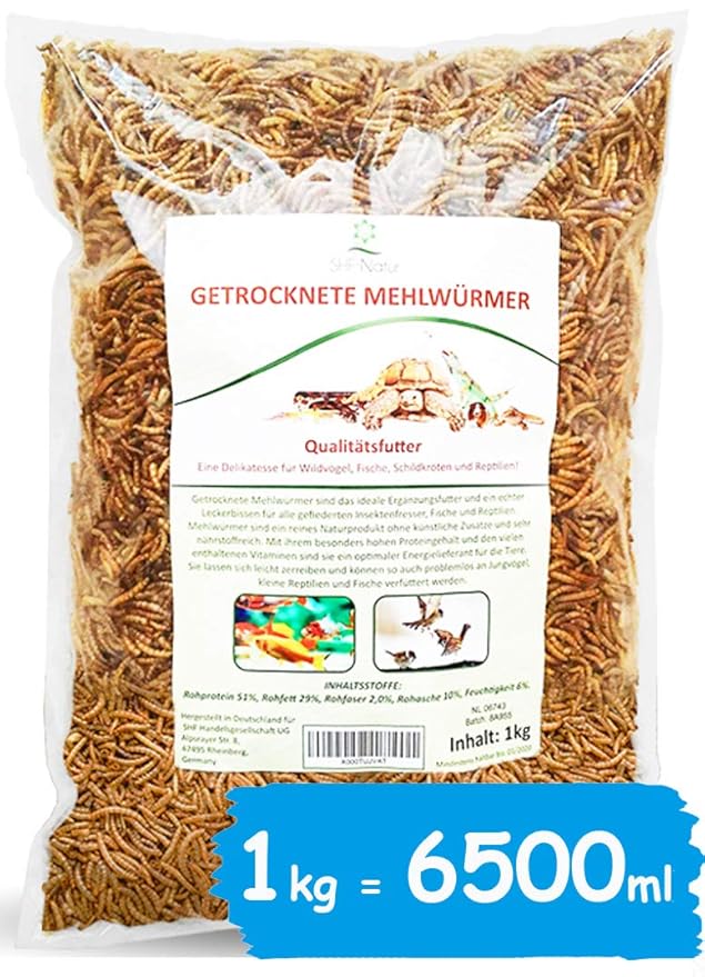 SHF-Natur Mehlwürmer getrocknet • 1kg Premium Futter • Der Gesunde und natürliche Snack für Fische, Vögel, Reptilien, Schildk