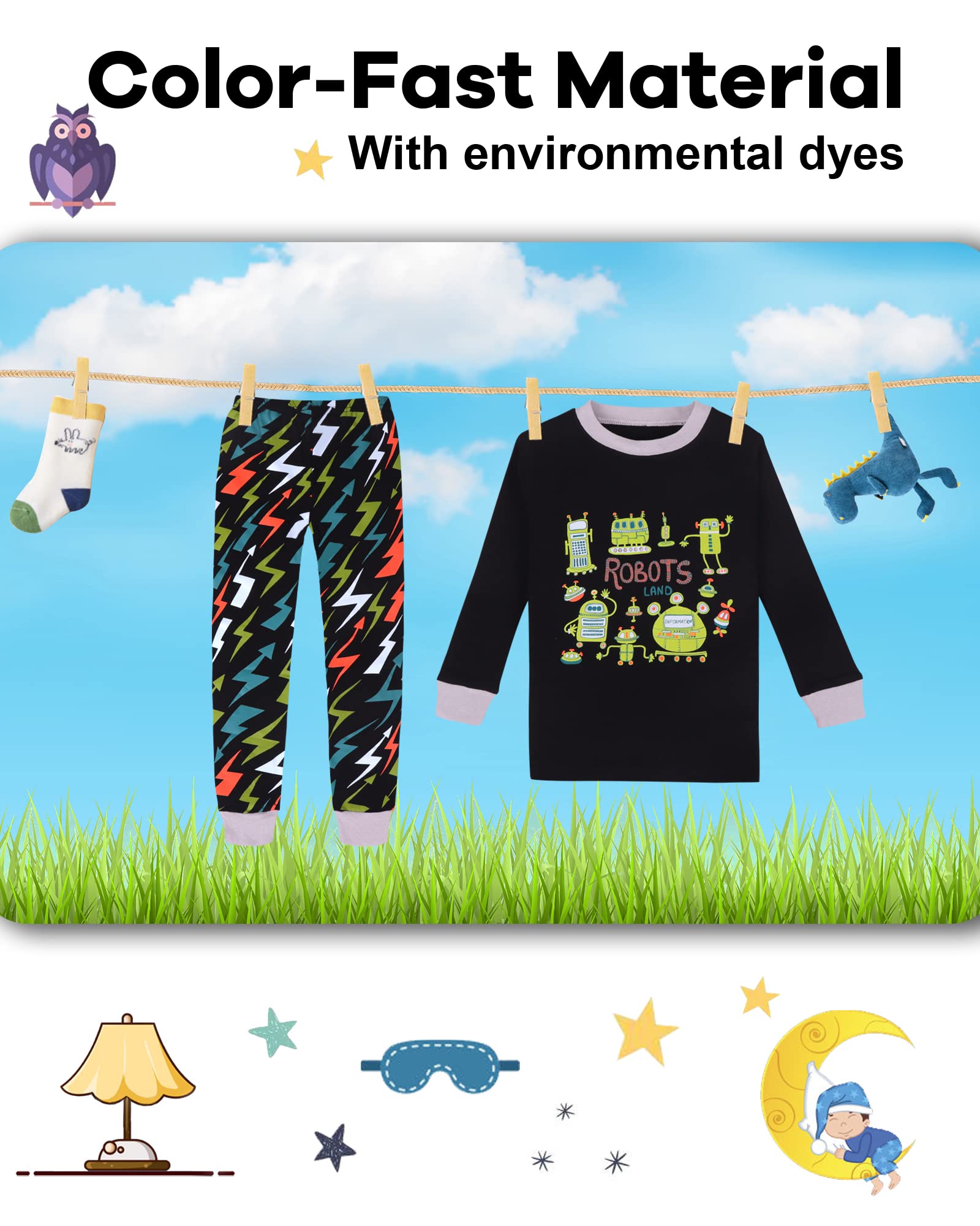 Boys Pajamas 4 Pieces Long Set 100% Cotton Sleepwear Size 18 Months-12 Years