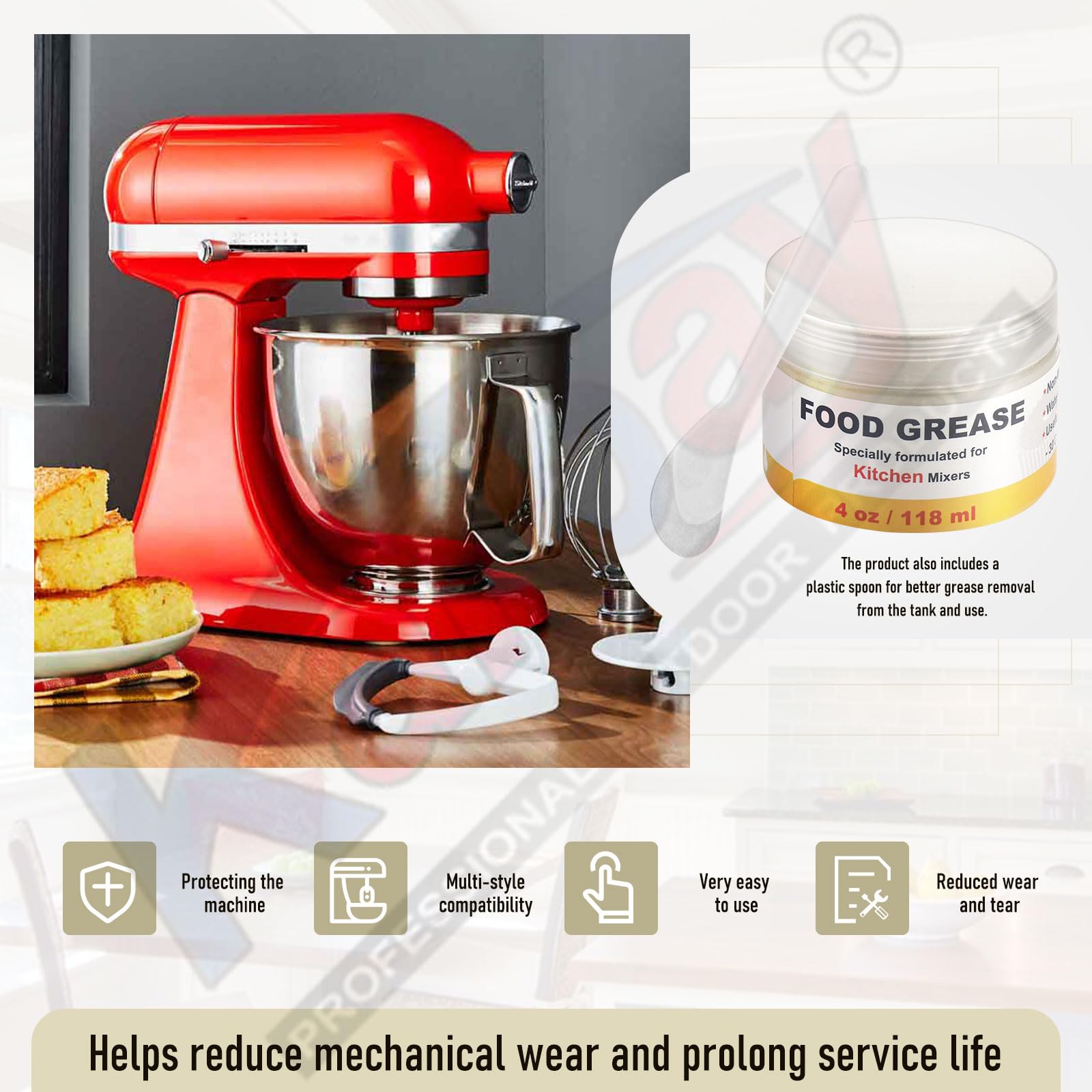 4 Oz Food Grade Grease for Kitchen Aid Stand Mixer, Widely Used in Most Kitchen Mixers, Food Safe Lubricant, Reduce The Wear of Mixer Gear Parts, Contain 9709511 4162324 Gasket and Spatula