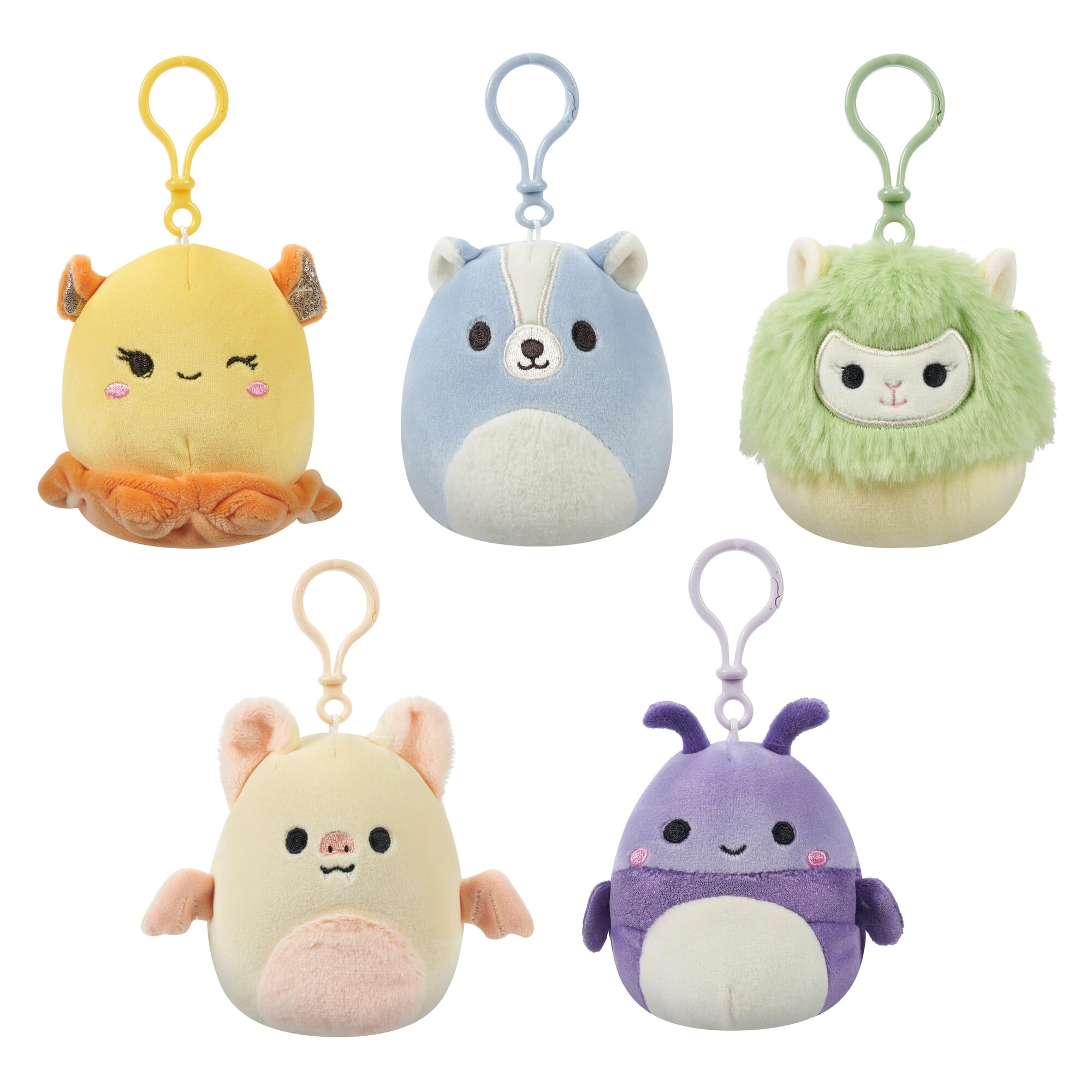 Squishmallows Original 3.5 Inch Clip-On 5 Pack - Blue Skunk, Cream Bat, Purple Beetle, Lime Greem Llama, Yellow Dumbo Octopus