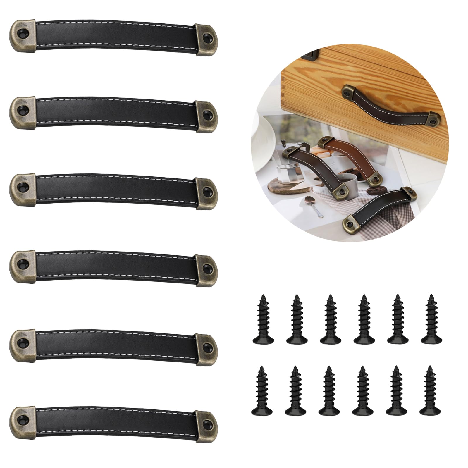 Oenothera 6 Pieces Leather Furniture Handles, Vintage Leather Door Knobs, Leather Drawer Pulls, for Cabinet Cupboards Wardrobe Dresser（Black）