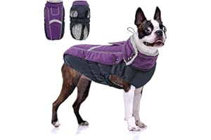Queenmore Warm Fleece Dog Jacket - Cold Weather Waterproof Snow Jacket with Leash Hole, Reflective Turtleneck - Purple, Medium