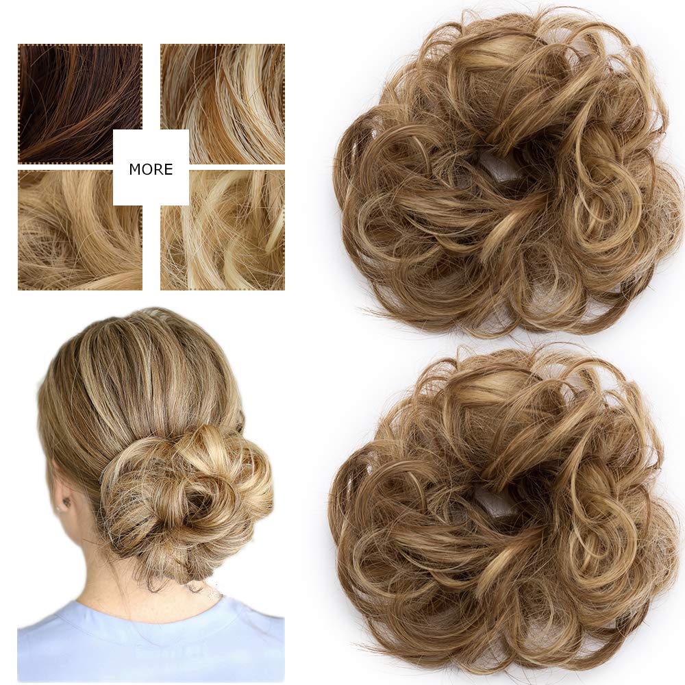 Synthetic Hair Bun Extensions 2Pieces Messy Hair Scrunchies Hair Pieces for Women Hair Donut Updo Ponytail -Light Brown/Blond