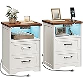 AODK Farmhouse Nightstand Set of 2, Side Tables with Charging Station & LED Lights, End Tables with Two Drawers and Open Storage, Rustic Beside Tables for Bedroom, Rustic White & Walnut