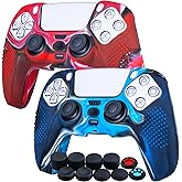 YoRHa Studded Silicone Cover Skin Case for PS5 Controller x 2(Camouflage Red+Blue) with Pro Thumb Grips x 10