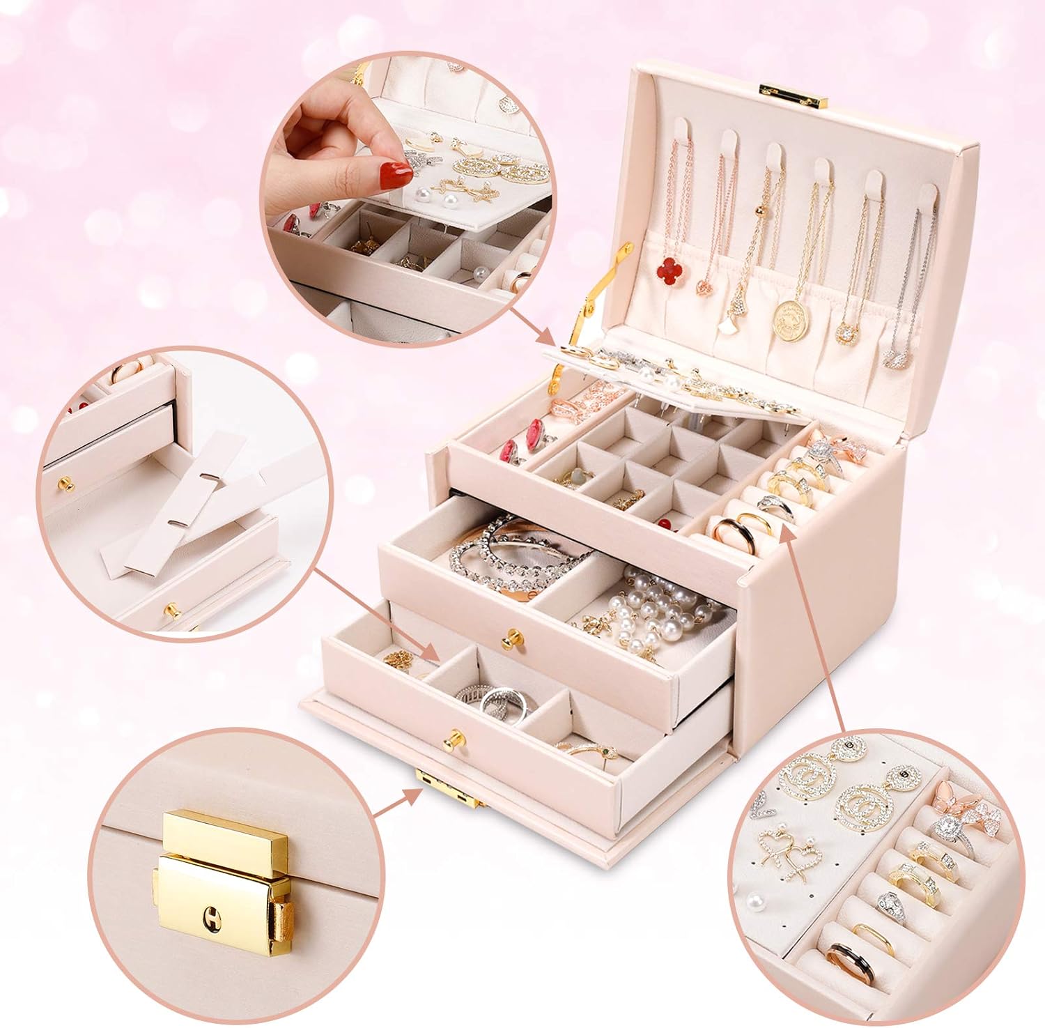 DEZZIE Women's Jewelry Box, Senior PU Leather, 3 Layer Medium Sized Jewelry Storage Box with Lock. Portable Travel Jewelry case for Earrings Bracelets Rings-Light pink: Home Improvement