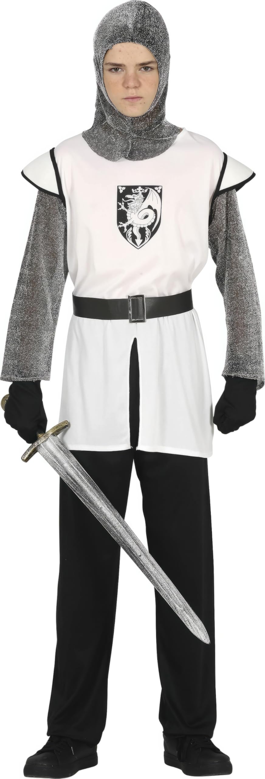 FIESTAS GUIRCA | Medieval Knight Fancy Dress (14-16 Years) - Hood, Tunic, Belt and Trousers - Historical, Renaissance and Fantasy Costumes for Halloween, Carnival and Fancy Dress Parties