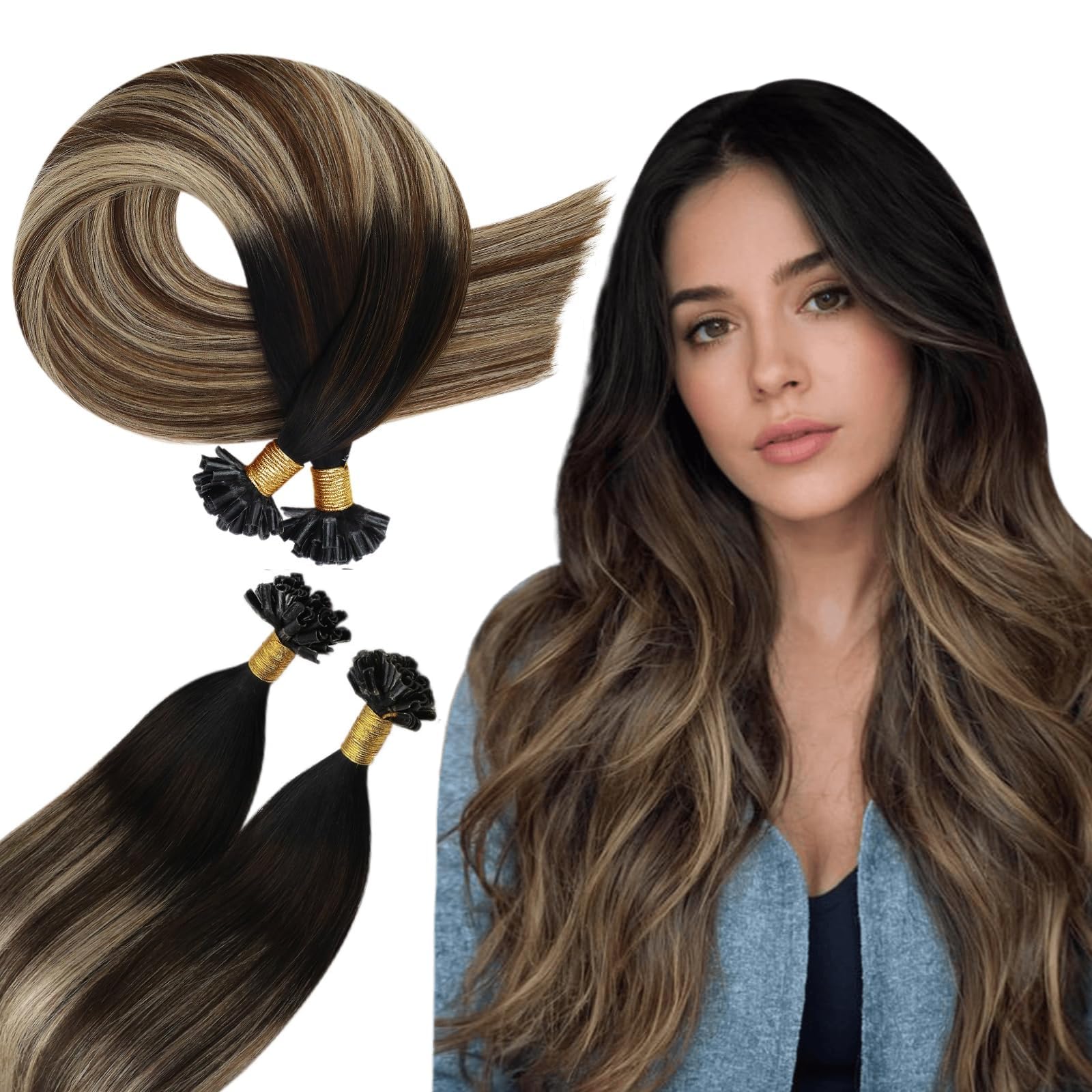 Ugeat Balayage U Tip Hair Extensions Keratin Brown Blonde U Tip Hair Extensions Real Human Hair Natural Black Mix Blonde for Women Low Damage 20 Inch 50g 50s