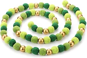OUDAIN 2 Pieces St. Patrick's Day Garland Decoration Pom Pom Garland Wool Wood Felt Ball St. Patrick's Day Garland with Gold Wood Beads St Patricks Day Holiday Party Banner Decoration (Green Series, Gold)