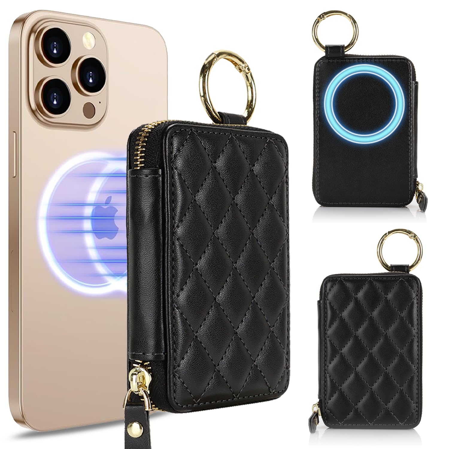SunYoo Compatible with MagSafe Wallet,Magnetic Phone Wallet Card Holder for iPhone 17/16 Pro Max/15 Pro/14 Plus/13/12 Series,PU Leather Zipper Pocket Adjustable Stand-Black