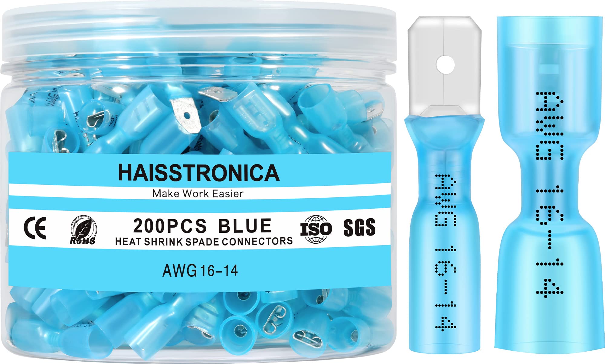 Photo 1 of haisstronica 200PCS Blue Heat Shrink Spade Connectors,AWG 16-14 Heat Shrink Spade Terminlas Kit, Speaker Wire Connector, Male and Female Electrical Quick Disconnect Wire Connectors