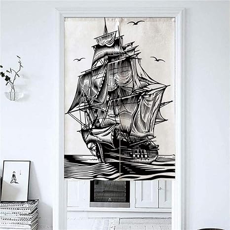 Amazon のれん 遮光 85x1cm エキゾチックな水にヴィンテージのヨットと航海ラインアートスタイルイラスト 冷暖効率アップおしゃれ 玄関 目隠し 和風 暖簾 ロング 麻 のれん のれん 遮音 のれん 黒 のれん オンライン通販