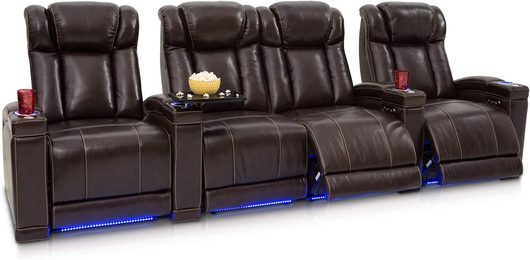 Seatcraft Sierra Home Theater Seating Leather Power Recline, Adjustable Powered Headrests, Hidden in-Arm Storage, USB Charging, Lighted Cup Holders and Base, Row of 4 with Middle Loveseat, Brown