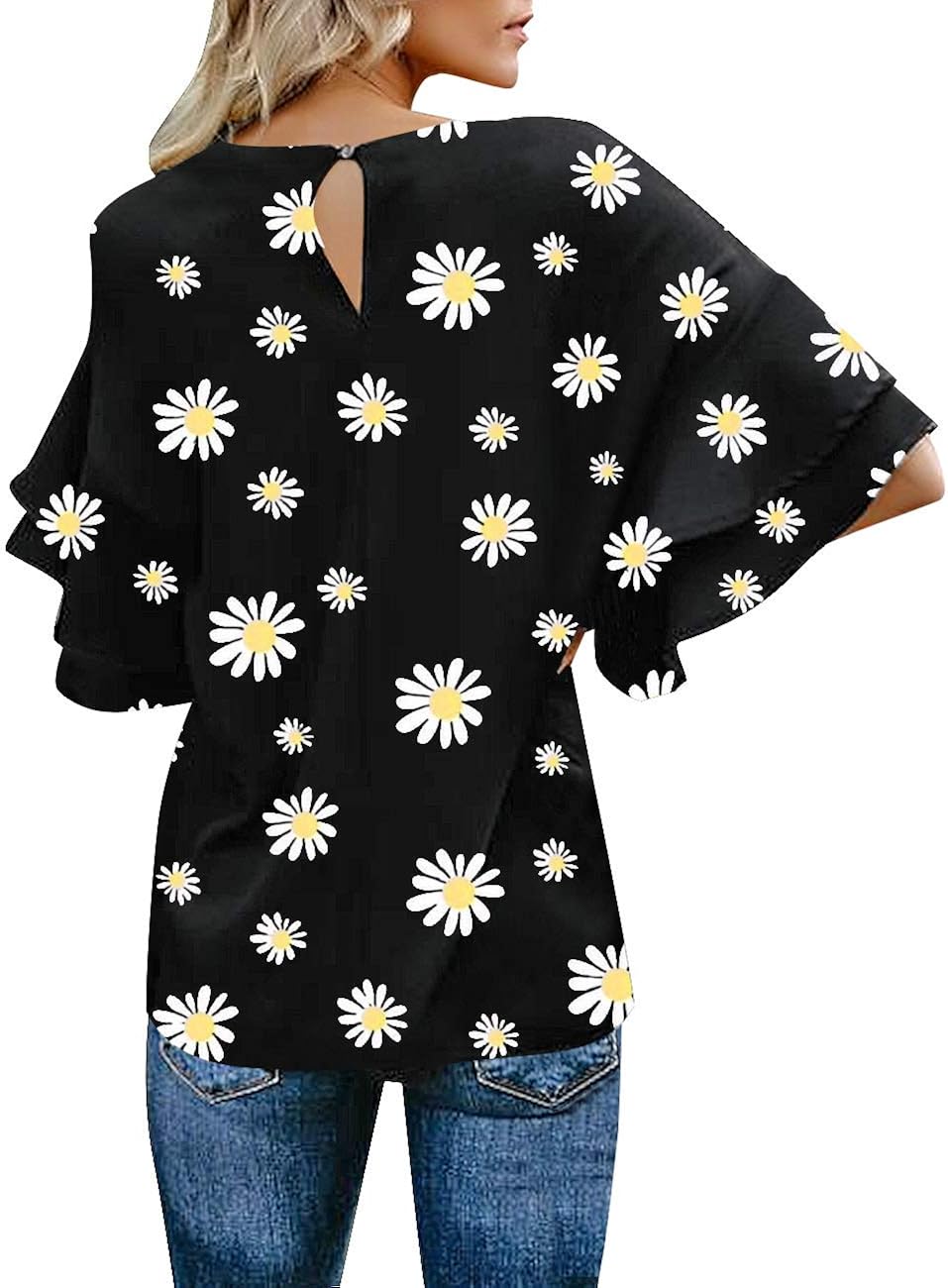 luvamia Women's Casual 3/4 Tiered Bell Sleeve Crewneck Loose Tops Blouses Shirt at  Women’s Clothing store